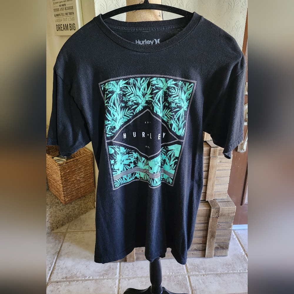 Mens Hurley Black Tee with Teal Palm Graphic